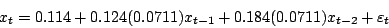 \begin{displaymath}
x_t = 0.114 + 0.124(0.0711)x_{t-1} + 0.184(0.0711)x_{t-2} + \varepsilon_t
\end{displaymath}