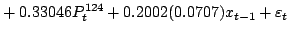 $\displaystyle \mathrel{+} 0.33046P^{124}_t
+ 0.2002(0.0707)x_{t-1}
+ \varepsilon_t \nonumber$